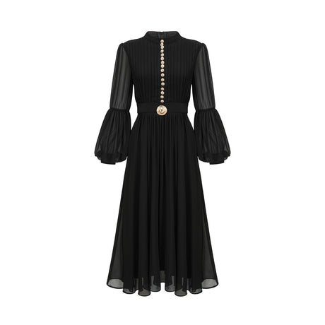 A black pleated midi dress with a buttonfront design featuring long sleeves and a flowing silhouette