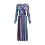 A blue metallic pleated midi dress with a flowy silhouette named Mathilde
