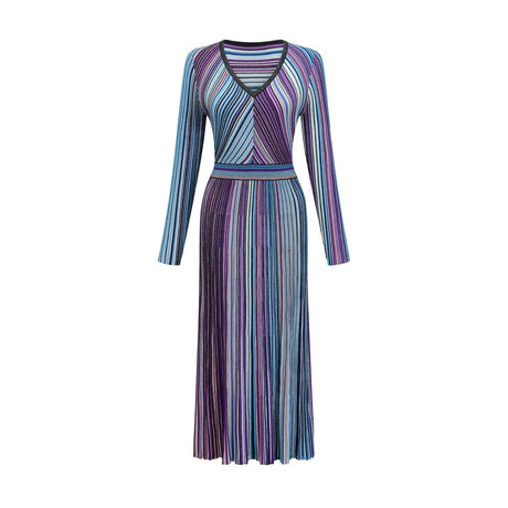 A blue metallic pleated midi dress with a flowy silhouette named Mathilde