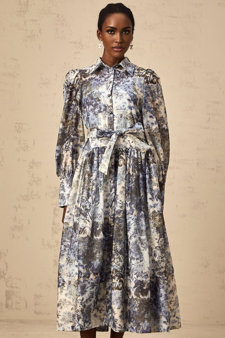 A blue midi dress with a floral print pattern named Irina