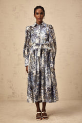 A blue midi dress with a floral print pattern named Irina