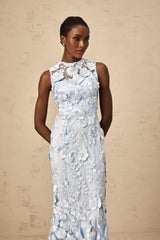 A blue midi dress with floral applique details by Herta