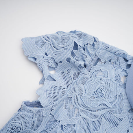 A blue midi dress with floral lace applique details and delicate floral patterns throughout the fabric