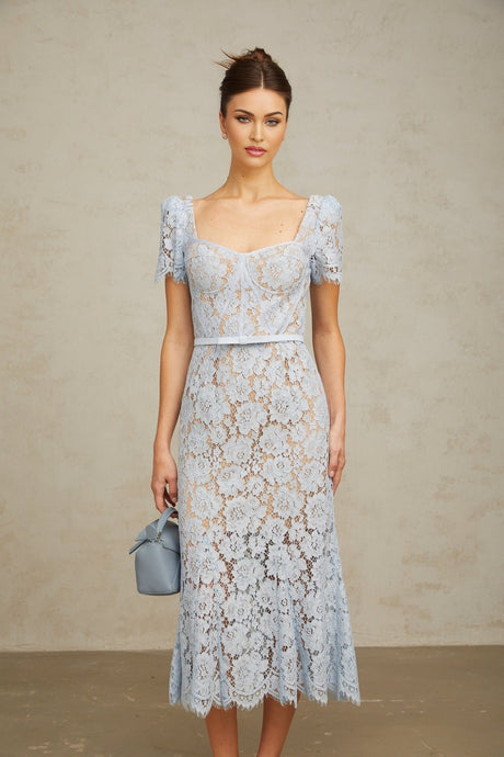 A blue midi dress with floral lace pattern and boned bodice named Audrey
