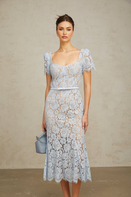 A blue midi dress with floral lace pattern and boned structure named Audrey