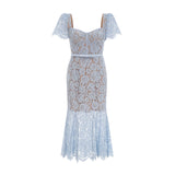 A blue midi dress with floral lace pattern and boned structure named Audrey