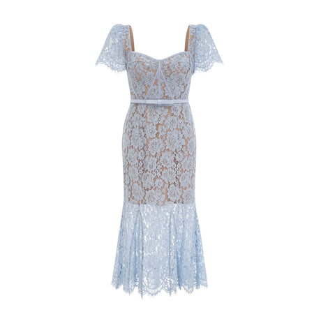 A blue midi dress with floral lace pattern and boned structure named Audrey