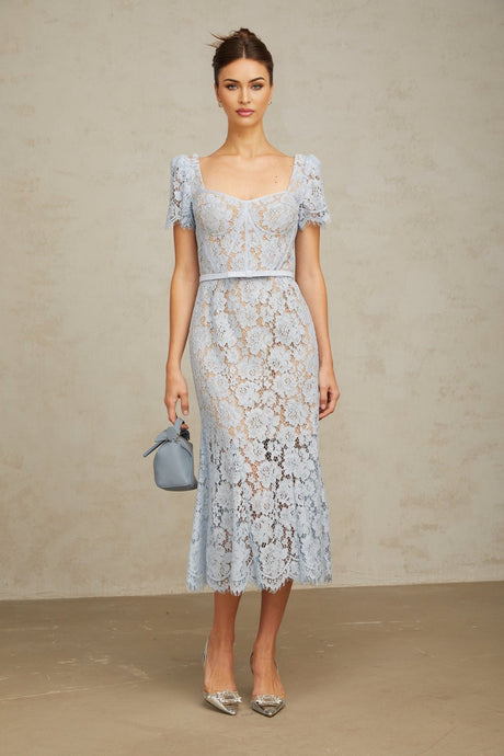 A blue midi dress with floral lace pattern featuring boned structure and named Audrey