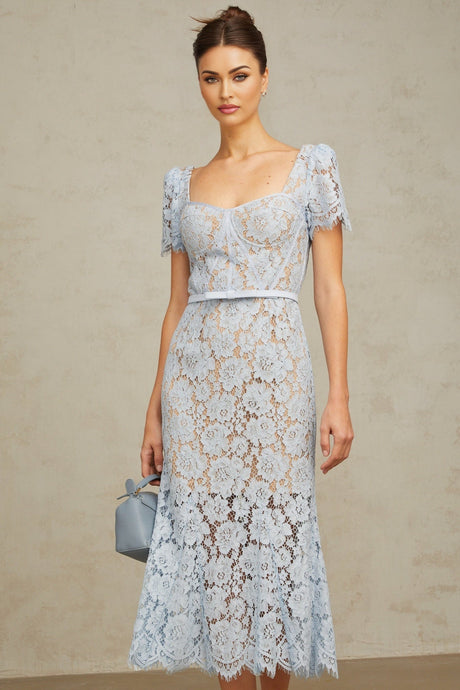 A blue midi dress with floral lace pattern featuring boned structure and named Audrey