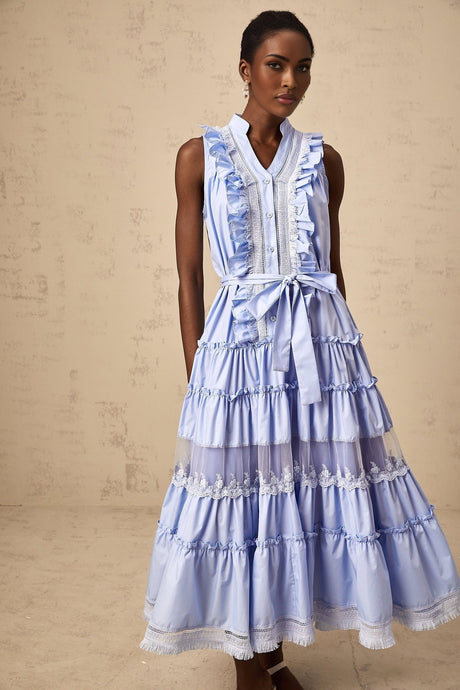 A blue midi dress with ruffles and floral lace trim featuring tiered layers named Olena