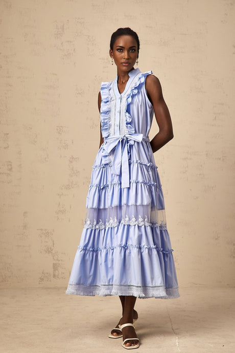 A blue midi dress with ruffles tiered skirt and floral lace trim details named Olena