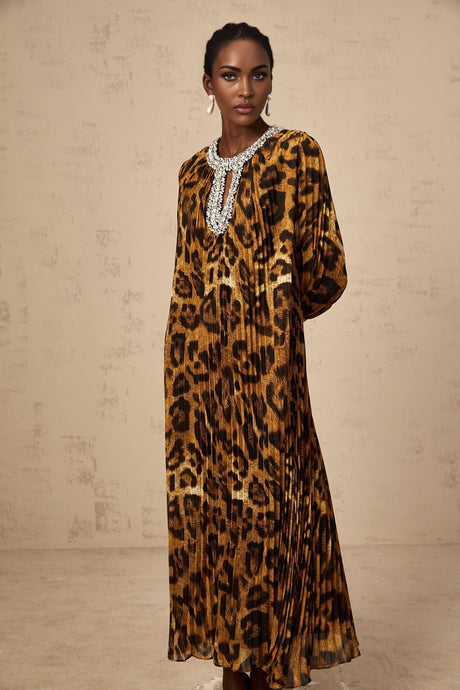 A brown leopard print midi dress with embellishments and a flowy silhouette named Anais