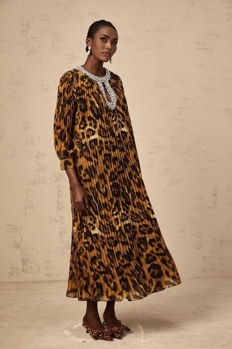 A brown leopard print midi dress with embellishments called Anais