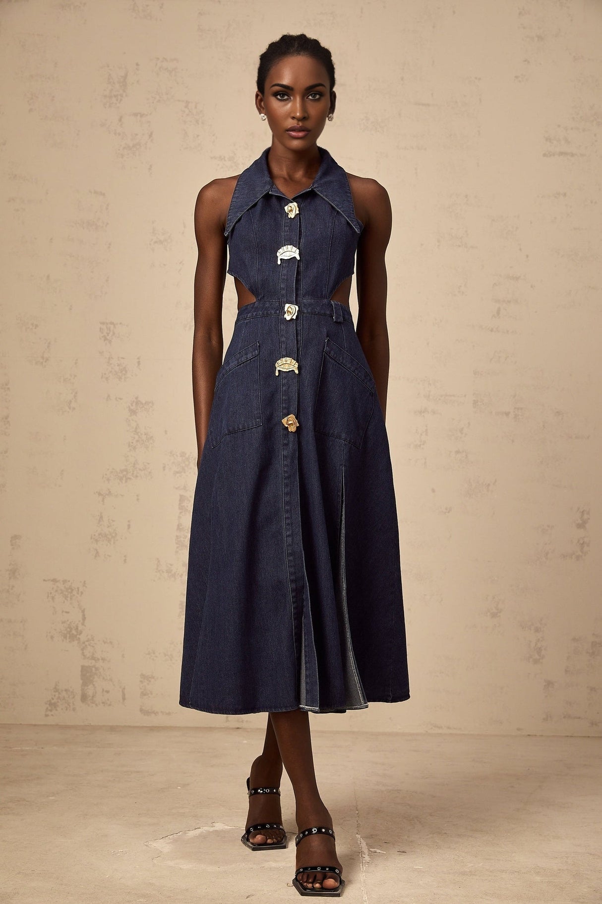 A dark blue denim midi dress with cut out details on a plain background