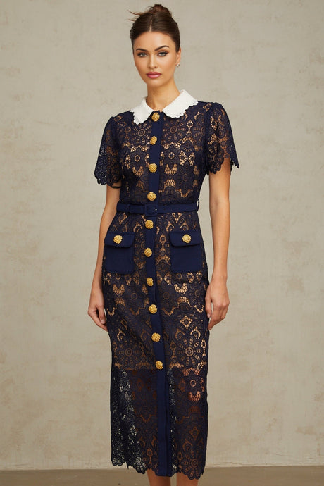 A dark blue midi dress with a floral crochet lace pattern covering the entire garment