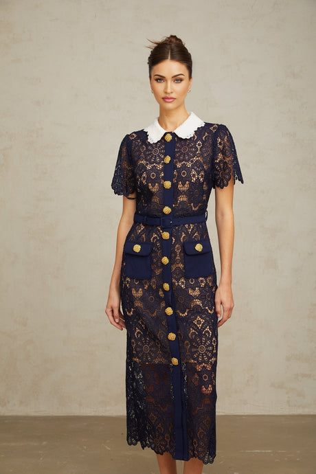 A dark blue midi dress with floral crochet lace pattern and intricate detailing