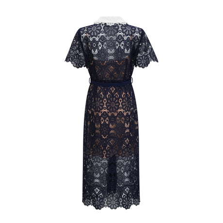 A dark blue midi dress with floral crochet lace pattern covering the bodice and skirt