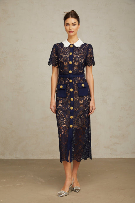 A dark blue midi dress with floral crochet lace pattern featuring an elegant and feminine design