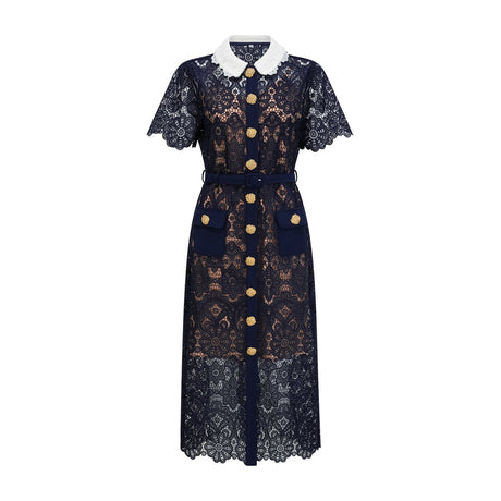 A dark blue midi dress with floral crochet lace pattern featuring an intricate design throughout the garment
