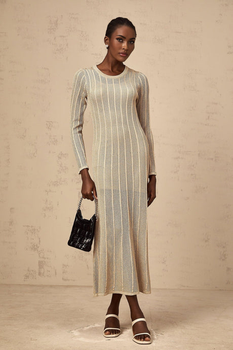 A khaki colored fitted knit midi dress on a plain background
