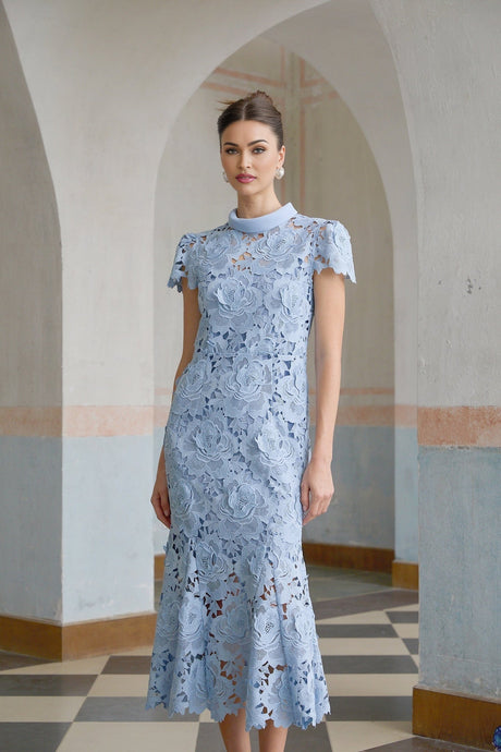 A light blue midi dress with delicate floral lace applique details covering the bodice and skirt
