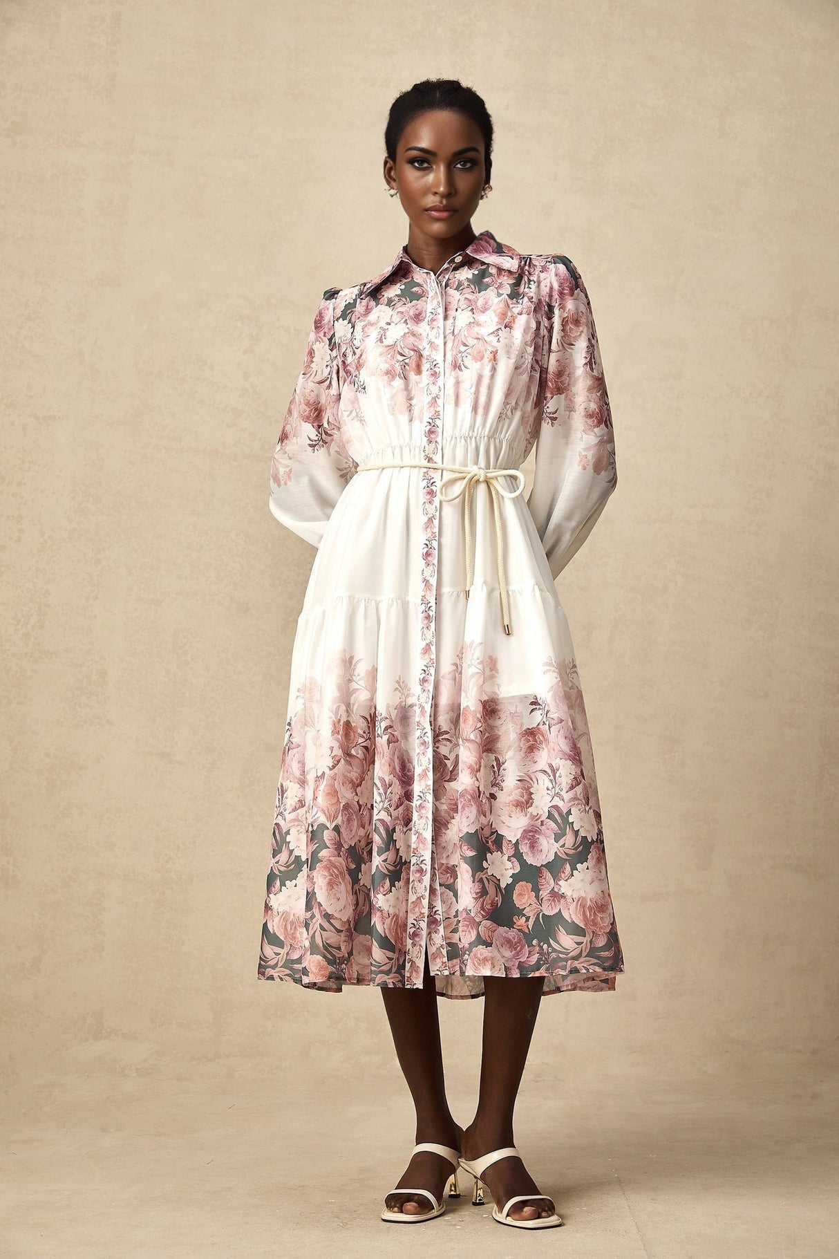 A midi dress with a floral print pattern featuring lantern sleeves and a design called Carina