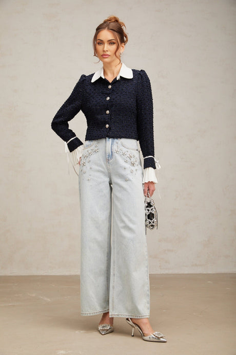 A navy blue tweed jacket with paneled design named Doriane