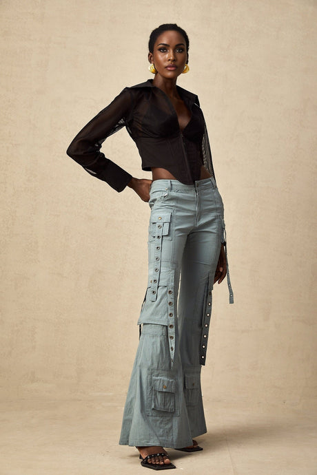 A pair of flared cargo trousers with belt loops named Mila featuring a wide leg silhouette and multiple pockets