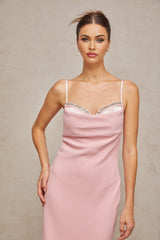 A pink midi dress with a corsetstyle bodice adorned with crystal embellishments featuring a feminine silhouette and named Josephine