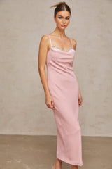A pink midi dress with a corsetstyle bodice adorned with crystal embellishments featuring a fitted silhouette and a feminine Josephine design