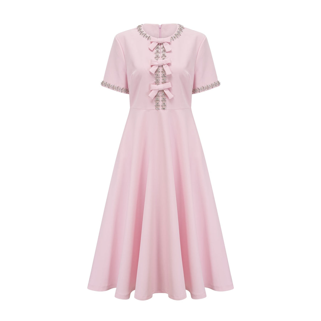 A pink midi dress with a large bow detail adorned with crystal accents named Cassiopeia