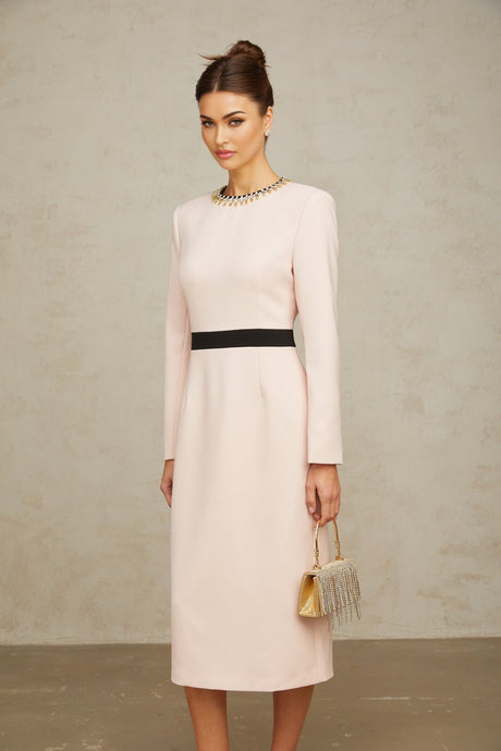 A pink midi dress with crystal embellishments and colorblocked design featuring a sleek silhouette and elegant Anais style