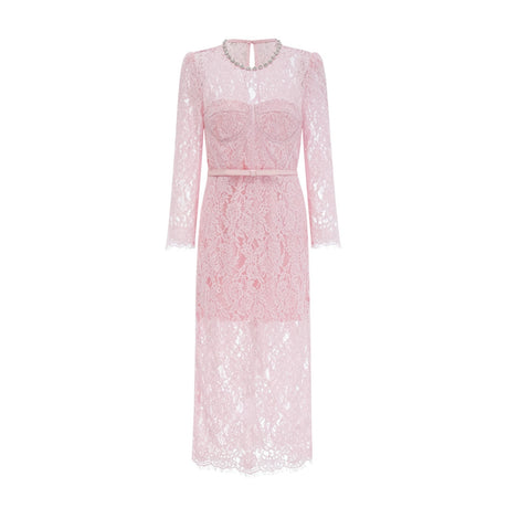 A pink midi dress with floral embroidery and embellishments on delicate lace fabric featuring an Elisabetta design