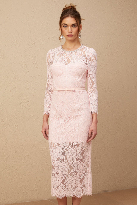 A pink midi dress with floral embroidery and lace detailing featuring embellishments and a delicate Elisabetta design