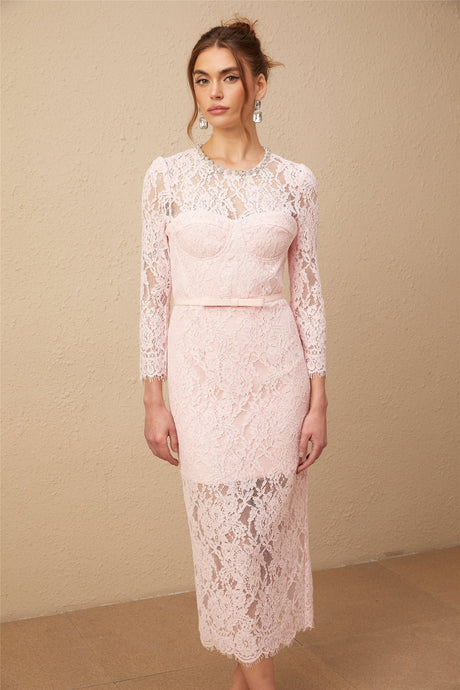 A pink midi dress with floral embroidery and lace detailing featuring embellishments and a feminine silhouette