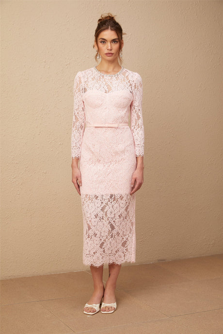 A pink midi dress with floral embroidery and lace details featuring embellishments and a delicate feminine design