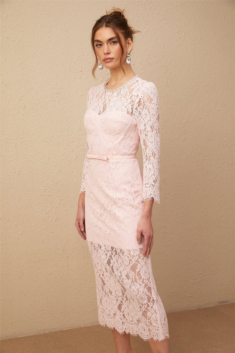 A pink midi dress with floral embroidery and lace details featuring embellishments and a delicate feminine design