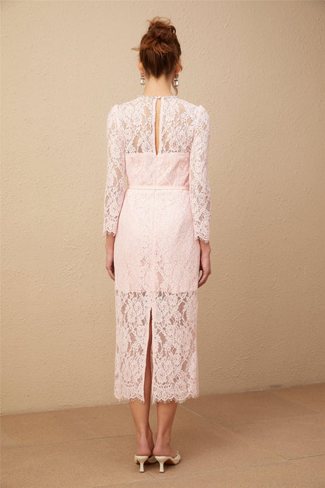 A pink midi dress with floral embroidery and lace details featuring embellishments and a feminine silhouette
