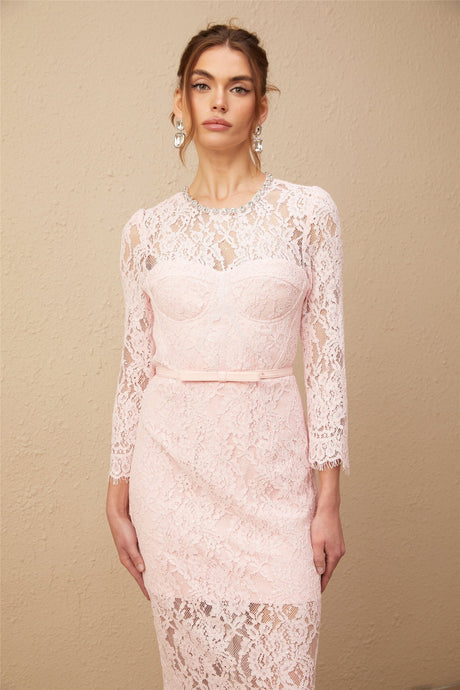 A pink midi dress with floral embroidery and lace details featuring embellishments throughout the design