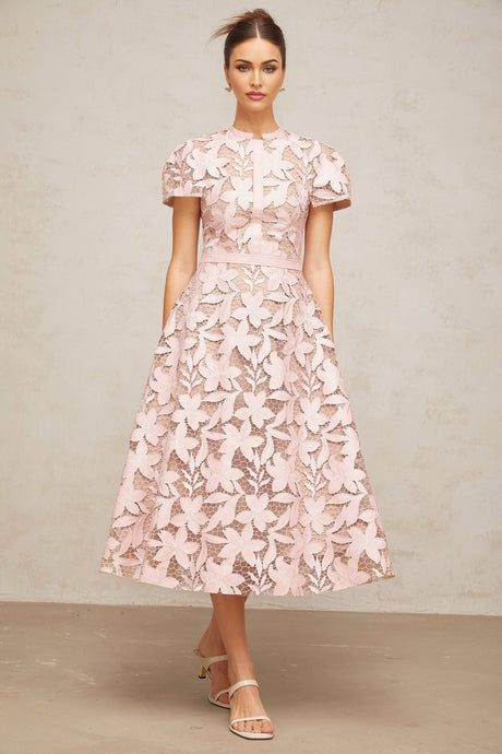 A pink midi dress with intricate guipure lace detailing featuring a fitted silhouette and delicate floral patterns throughout the fabric