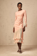 A pink midi dress with ruffled trim and panel details featuring a feminine silhouette and flowy design