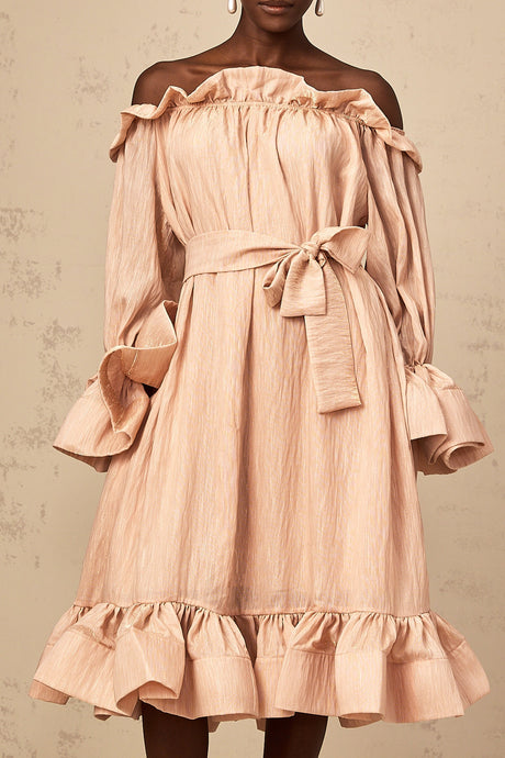 A pink midi dress with ruffles and a tied waist detail named Agathe