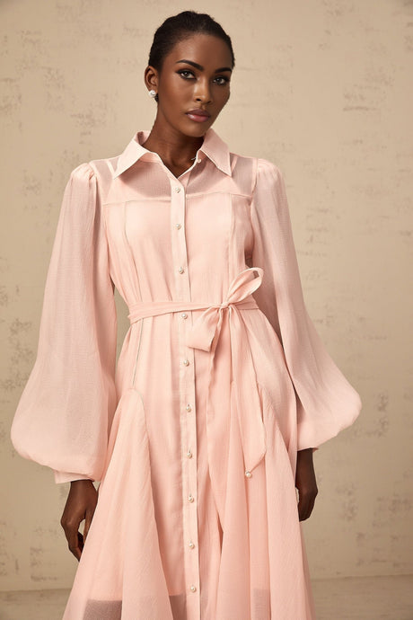 A pink midi shirt dress with a tied waist and long sleeves named Sibylle