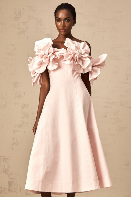 A pink offshoulder midi dress with 3D petal details named Juliette The dress features a fitted bodice and flared skirt with delicate floral embellishments