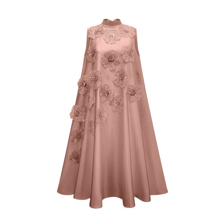 A pink sleeveless midi dress with floral applique details named Emilie