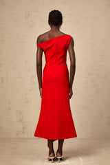 A red asymmetric midi dress with draped fabric design named Laurine