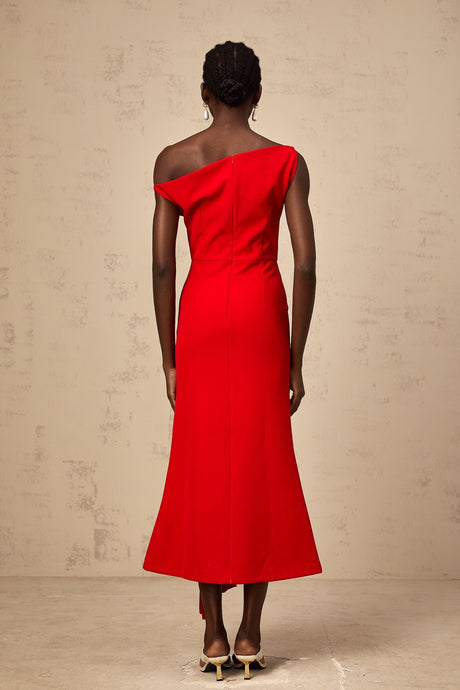 A red asymmetric midi dress with draped fabric design named Laurine