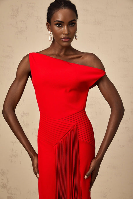 A red asymmetric midi dress with draped fabric details named Laurine