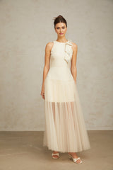 A white midi dress with tulle panels and a bowknot detail named Therese