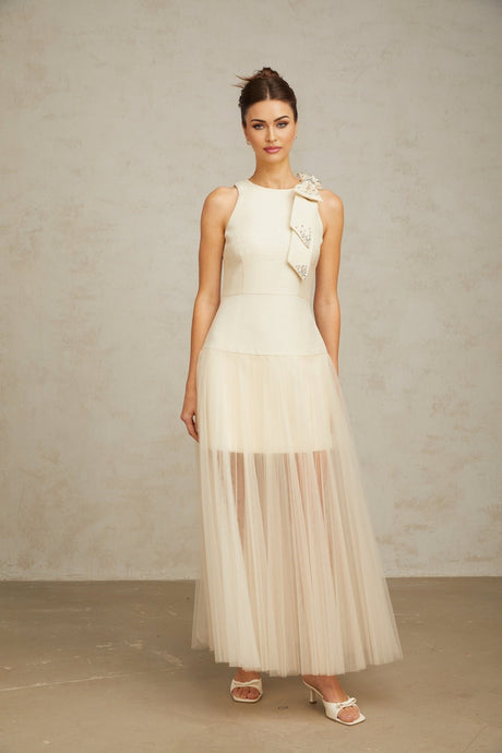 A white midi dress with tulle panels and a bowknot detail named Therese